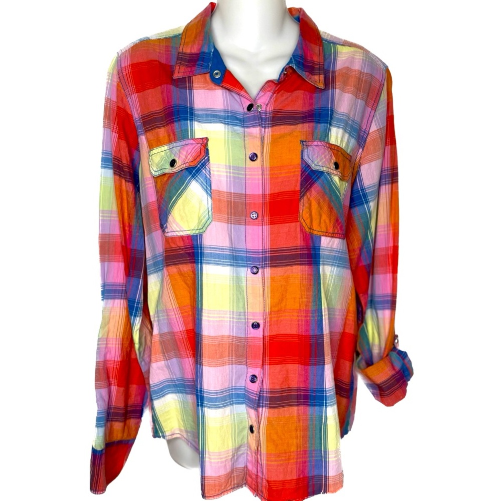 3/$25 Maurices Multi Colored Plaid Snap Down Shirt Sz L Bin Q
